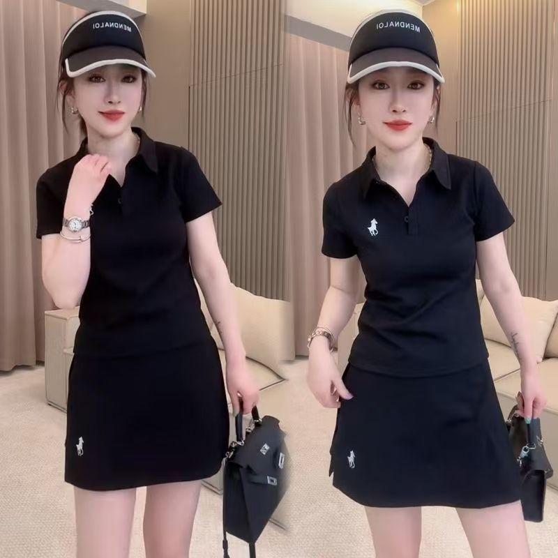 Casual style simple and fashionable summer new item short sleeved embroidered Polo collar small shirt half body pants skirt two-piece set for women in summer