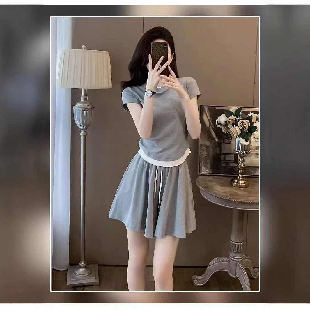 Casual sportswear set for women 2025 new summer loose running salt series short sleeved shorts skirt two-piece set