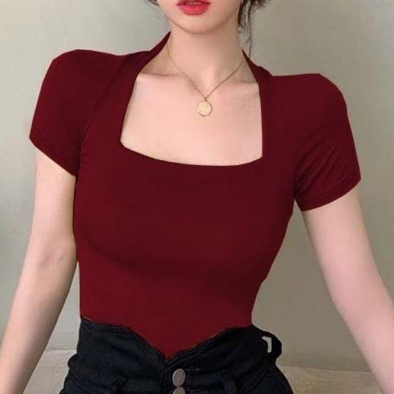 Klein blue square neck short sleeved T-shirt for women's summer, tight fitting big neckline with exposed collarbone, French retro sexy half sleeved top