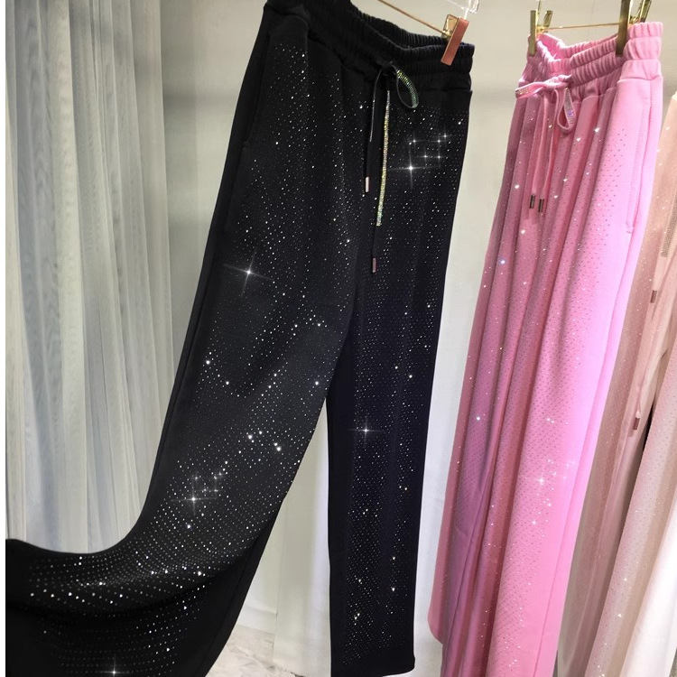 Extra Large 100-150KG Fat mm Heavy duty Hot Diamond Wide Leg Pants for Women, Slim Black, Straight and Versatile Long Pants
