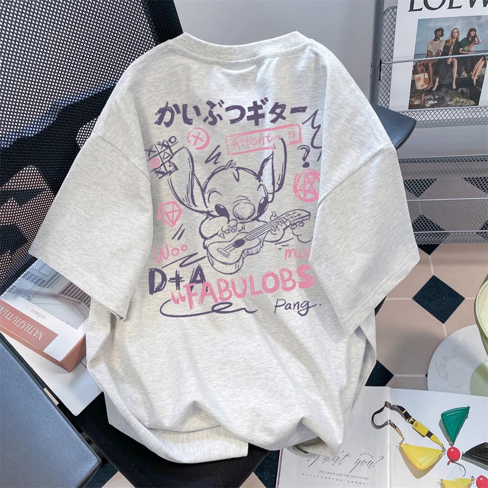 China-Chic Japanese cartoon Stitch short sleeved T-shirt for men and women Xia oversize vintage heavy weight cotton couple top
