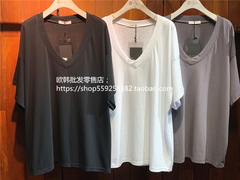 1791 [6535 Pulling Frame] 2022 Korean version simple style self kept loose short sleeved V-neck large half sleeved medium long style