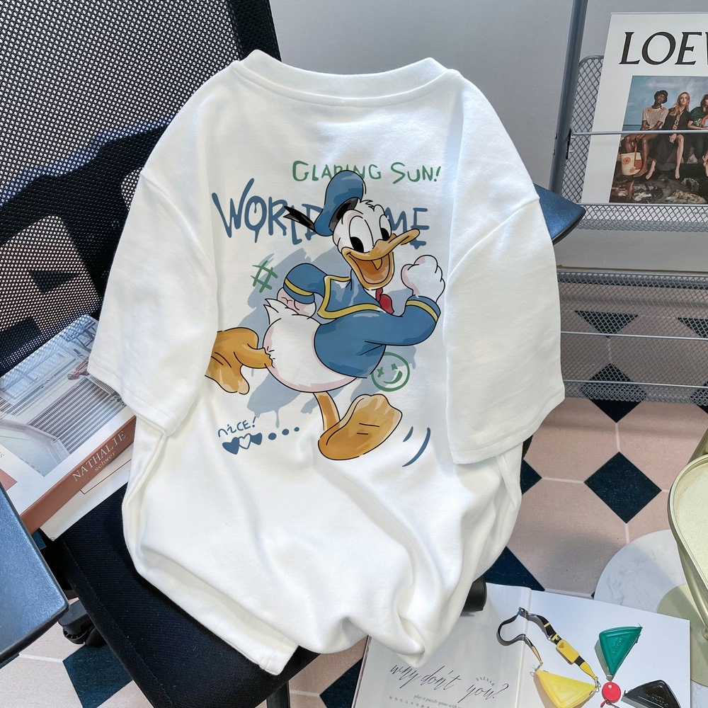 Unique, chic, and beautiful Donald Duck white t-shirt for women in summer, Korean version, loose short sleeved, plus size, fat mm top, ins trendy