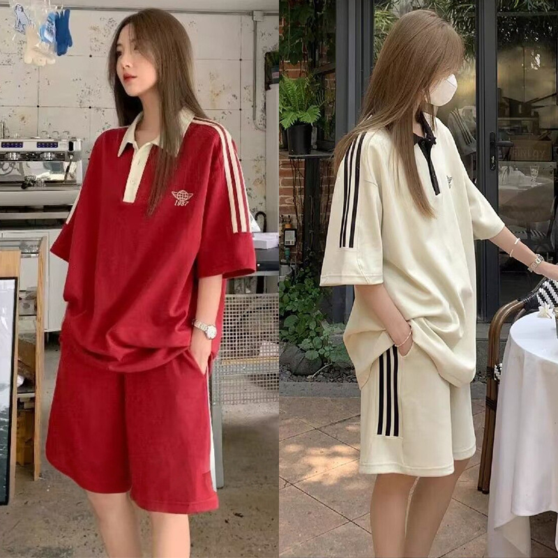 Cotton inspired casual sports suit for women, summer loose fit plus size student fashion, mid sleeved polo shirt shorts two-piece set