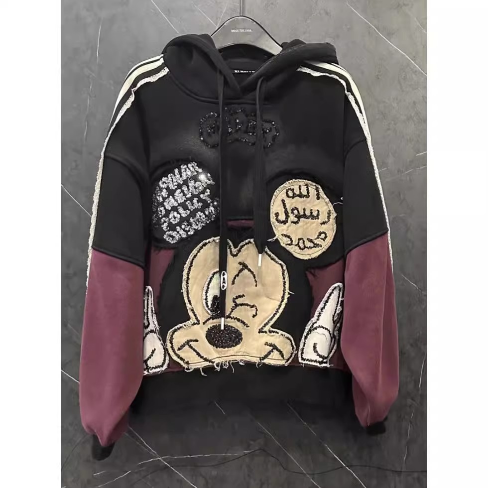 Oversized size 100-150KG fat mm design sense color blocked heavy industry sequin embroidery Mickey plus velvet hooded long sleeved sweatshirt