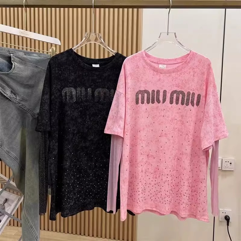 Extra Large 100-150KG Fat mm Heavy duty Hot Diamond Letter Starry Sky Design Fake Two piece Lace Long Sleeve T-shirt for Women