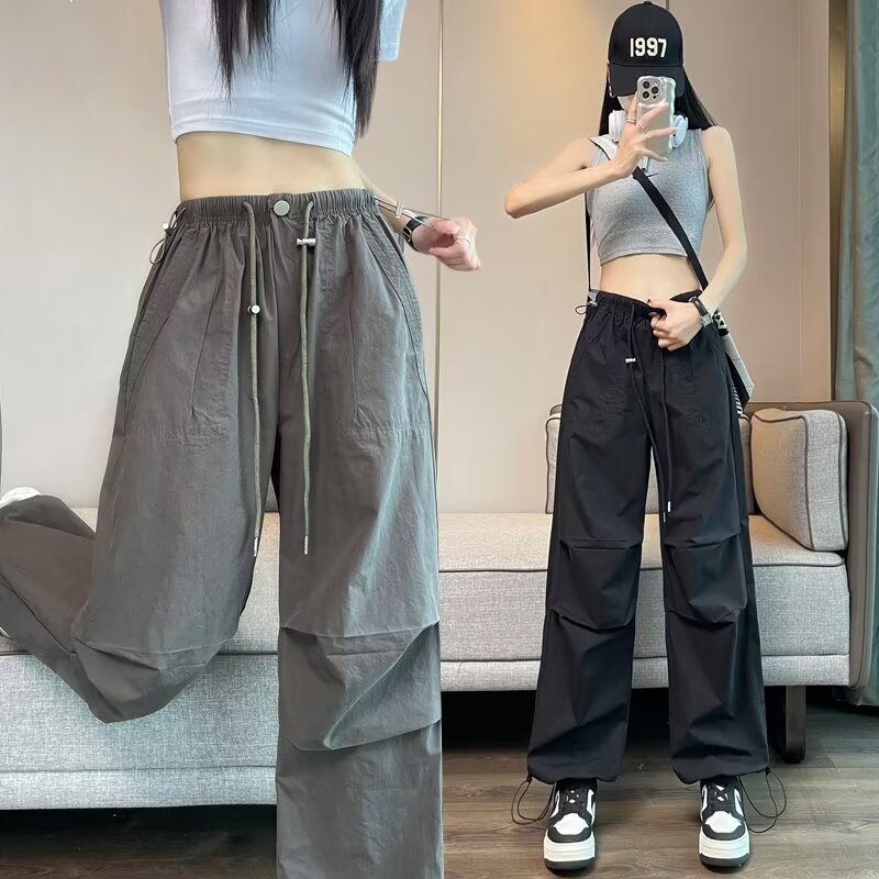 American pink quick drying work pants for women in spring and summer, thin cut, high waist, slimming, loose fitting, ankle tied, casual wide leg pants