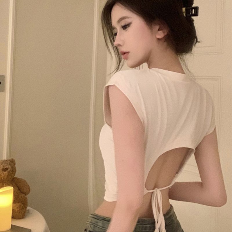 Pure desire style backless tight fitting high waisted short sleeved T-shirt for women, black spicy girl tie, slim fit chic short top, new style