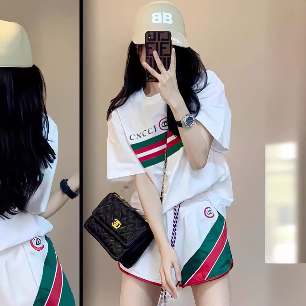 Summer European Large Loose Fashion Large Two Piece Solid Color Striped Round Neck Short Sleeve Drawstring Shorts Set