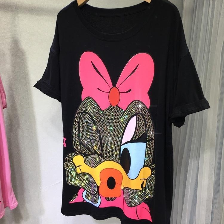Extra Large 100-150KG Fat MM Summer Heavy duty Hot Diamond T-shirt Cute Minnie Loose Short Sleeve Medium Long Women's T-shirt