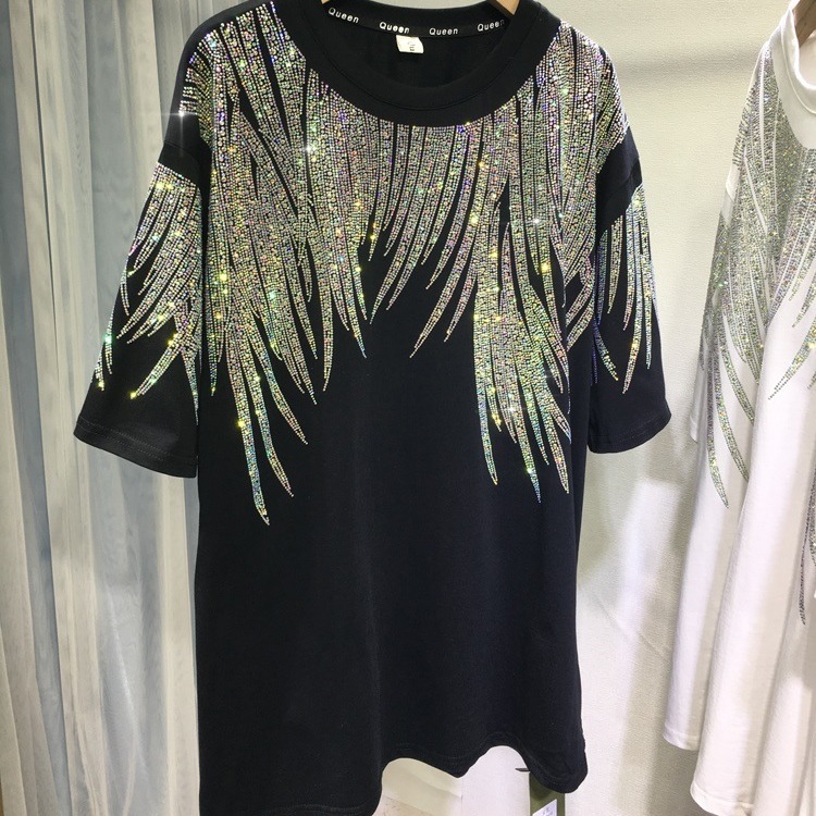 Extra Large 100-150KG Fat M Spring Clothing European Heavy Industry Hot Diamond T-shirt Men's and Women's Medium to Long Sleeves Look Thin Short Sleeve Top Trendy
