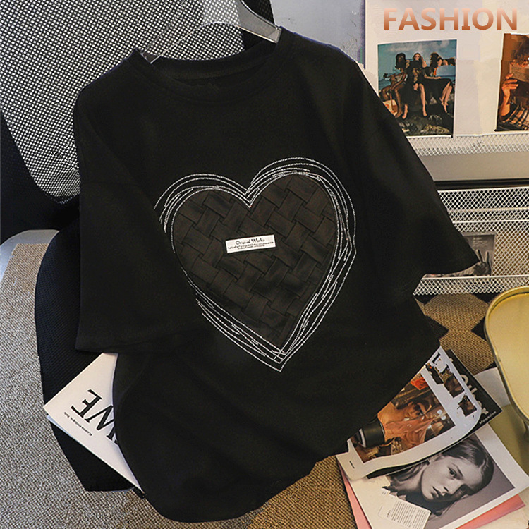 European made pure cotton heavy-duty heart-shaped diamond hot stamping short sleeved t-shirt for women's summer plus size loose fit, belly covering and stylish foreign trade top