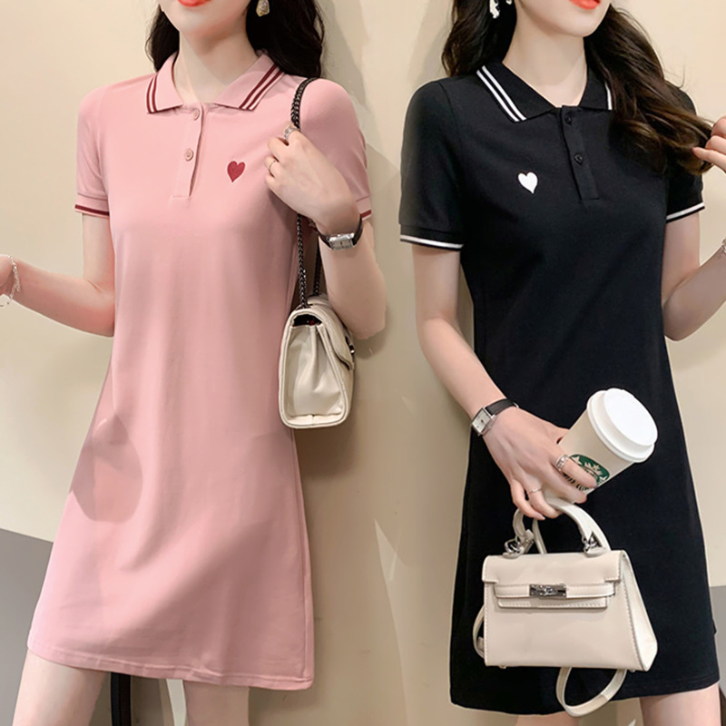 Short sleeved polo collar dress, embroidered for women, summer short stature, college style, versatile, slimming A-line skirt, sports T-shirt skirt