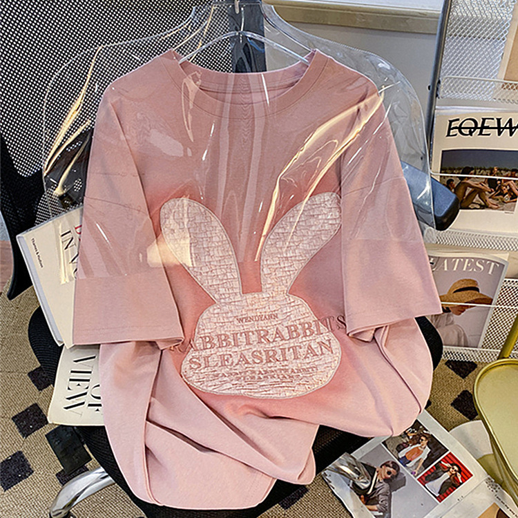 Dongdaemun Fashion Cartoon Embroidered Cotton Short sleeved T-shirt for Women in Summer, Medium to Long Loose and Lazy Style Top, South Korea