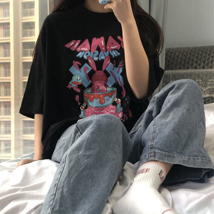 2022 Korean version new summer cartoon printed round neck short sleeved T-shirt for women, loose and versatile, mid to long half sleeved top