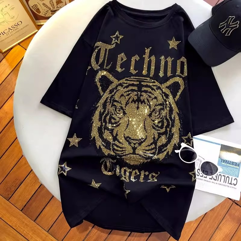 Extra Large 100-150KG Fat mm Heavy duty Full Diamond Tiger Head Back Wings Hot Diamond Short Sleeve T-shirt Women's Black Top Trendy