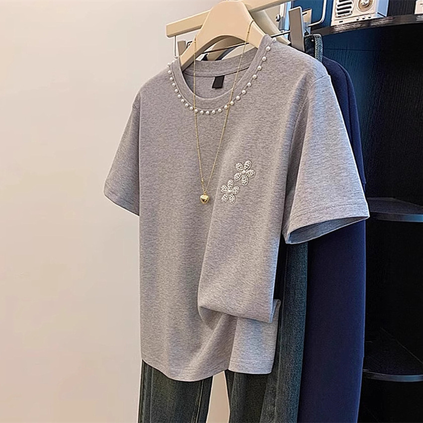 Fat MM plus size women's summer high-end feeling pure cotton nail bead hot diamond short sleeved T-shirt women's loose and versatile casual top