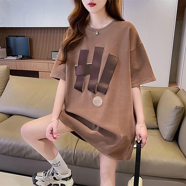 Foreign trade women's new cotton short sleeved T-shirt women's Korean style 2024 summer plus size fashionable round neck mid length top