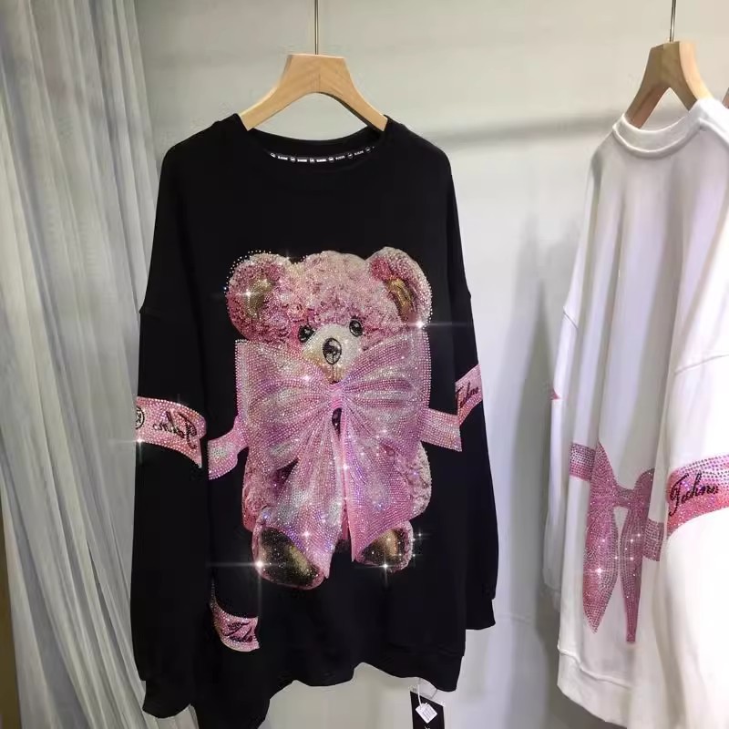 Oversized size 100-150KG chubby heavy industry hot stamping hoodie for women, cute little bear, autumn and winter loose, medium to long, slimming top