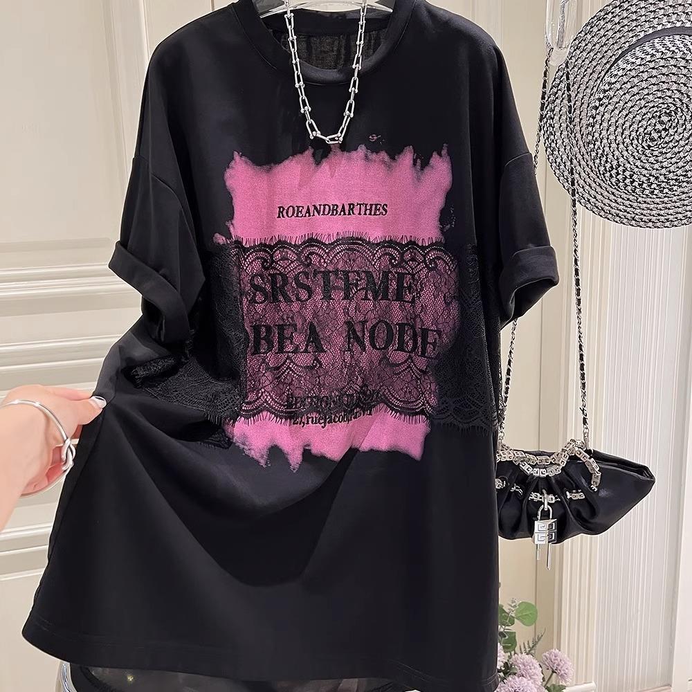 Extra Large 100-150KG Fat mm Summer European Station Casual Fashion Lace Splicing Medium length T-shirt Dress for Women