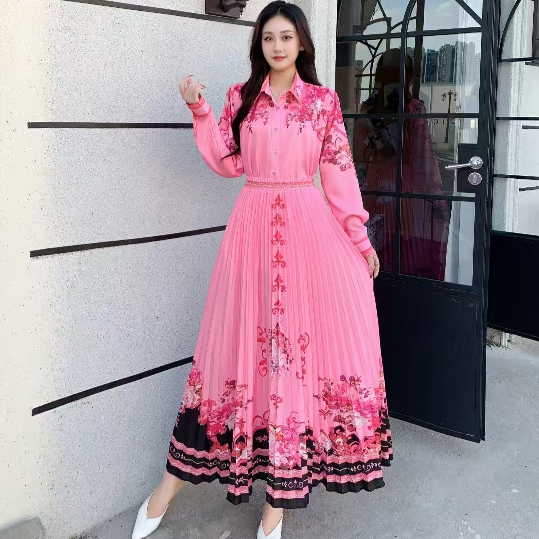 Autumn new European style nail bead printed long sleeved shirt with medium length design, chiffon pleated skirt two-piece set for women