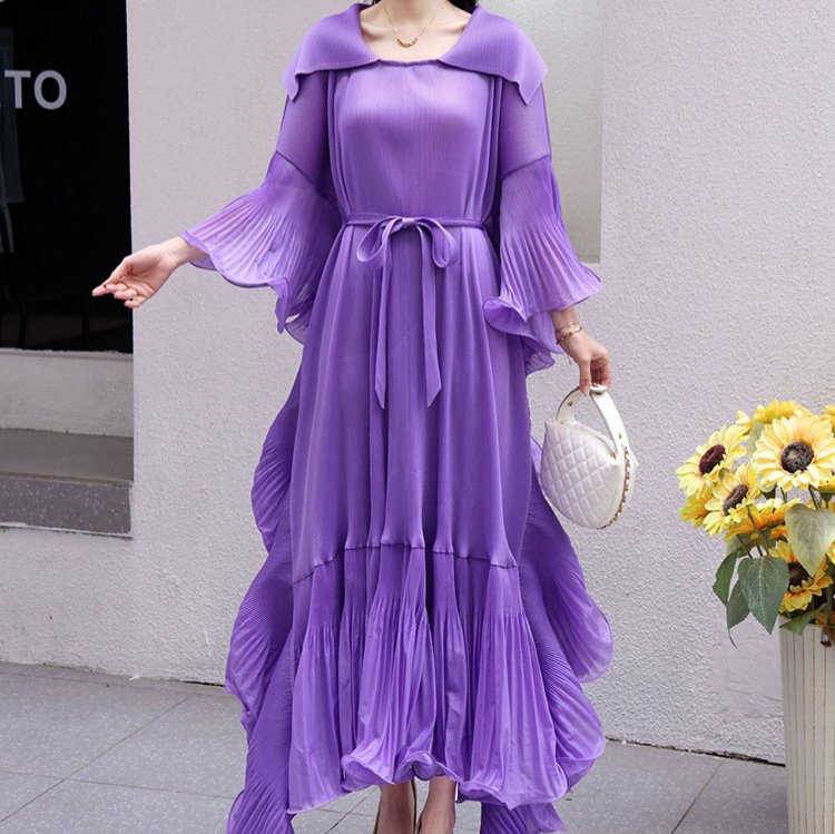 Miyake Fold 2025 New Style Fashionable Collar with Lotus Leaf Lace Long Sleeve Loose Large Size Long Dress for Women