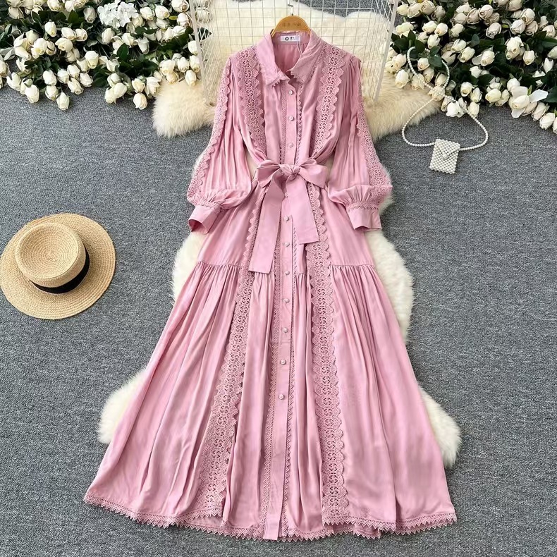 French elegant dress for female autumn socialite, niche and high-end, lace patchwork single breasted waist and knee high long skirt