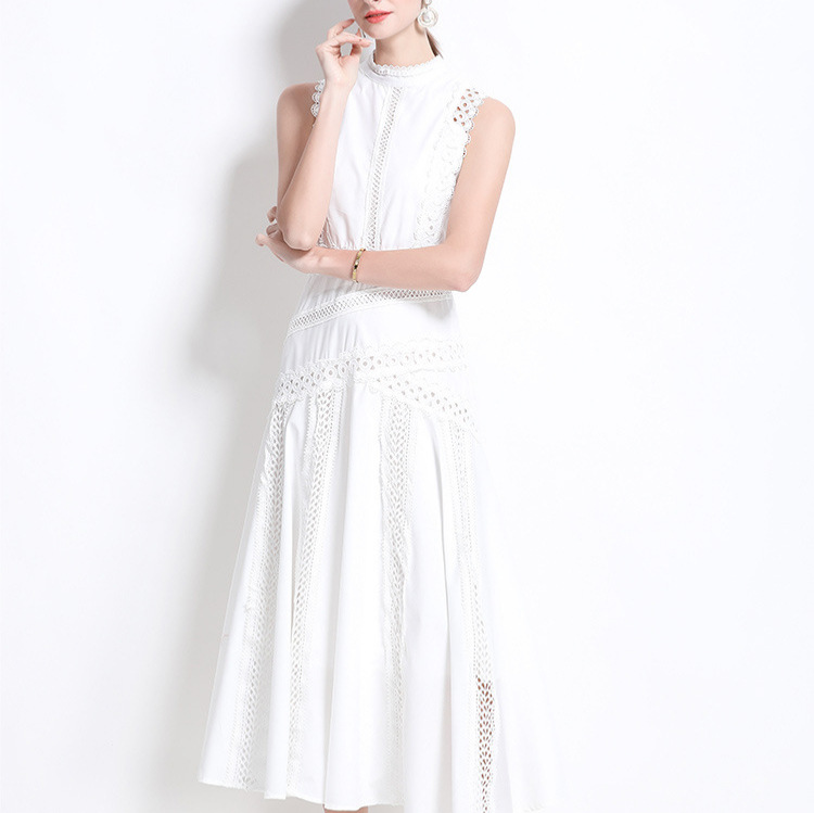 Mage's high-end hollowed out lace patchwork sleeveless waist cinched dress for women in summer, slimming and elegant long skirt
