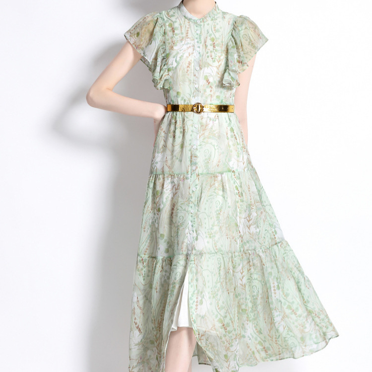 European and American retro stand up collar ruffle edge patchwork single breasted printed dress for women with a cinched waist, showing off a slim and elegant temperament, long skirt