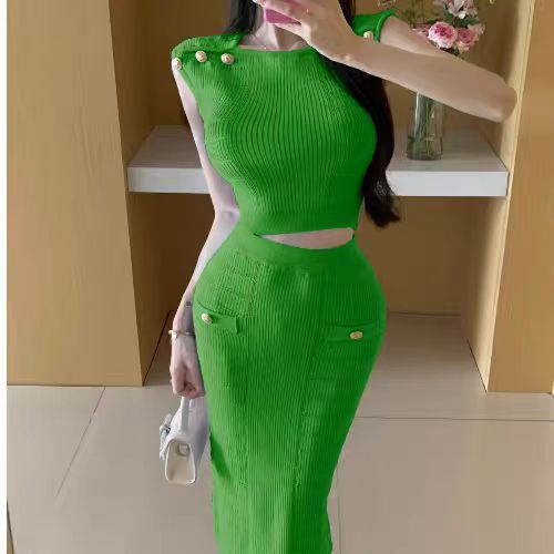 Summer new sleeveless nail bead versatile top, high waist temperament, socialite skirt, knitted set, fashionable two-piece set