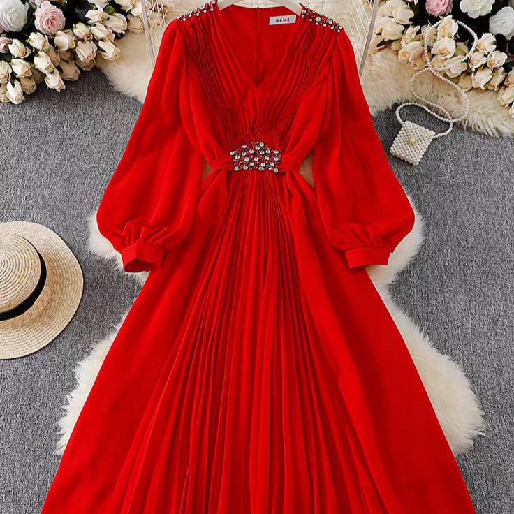 French retro high-end V-neck lantern sleeve studded diamond dress for women, with a slim waist and elegant temperament, featuring a large swing long skirt