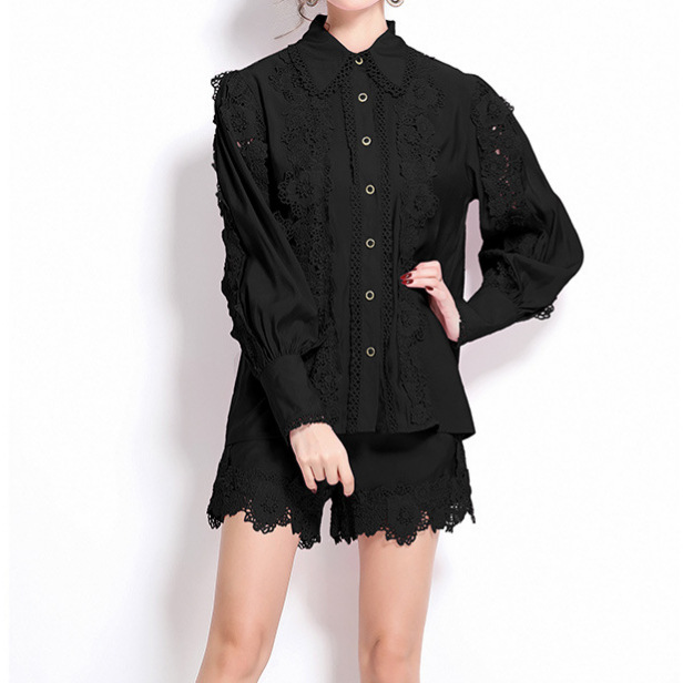 French socialite elegant waist tie lantern sleeves lace patchwork long sleeved shirt+high waisted shorts two-piece set