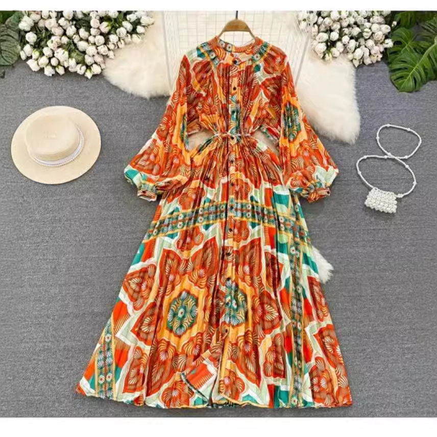 High end feeling, light luxury temperament, lantern long sleeved round neck, waist cinching, slimming effect, single breasted printed dress, elegant long dress