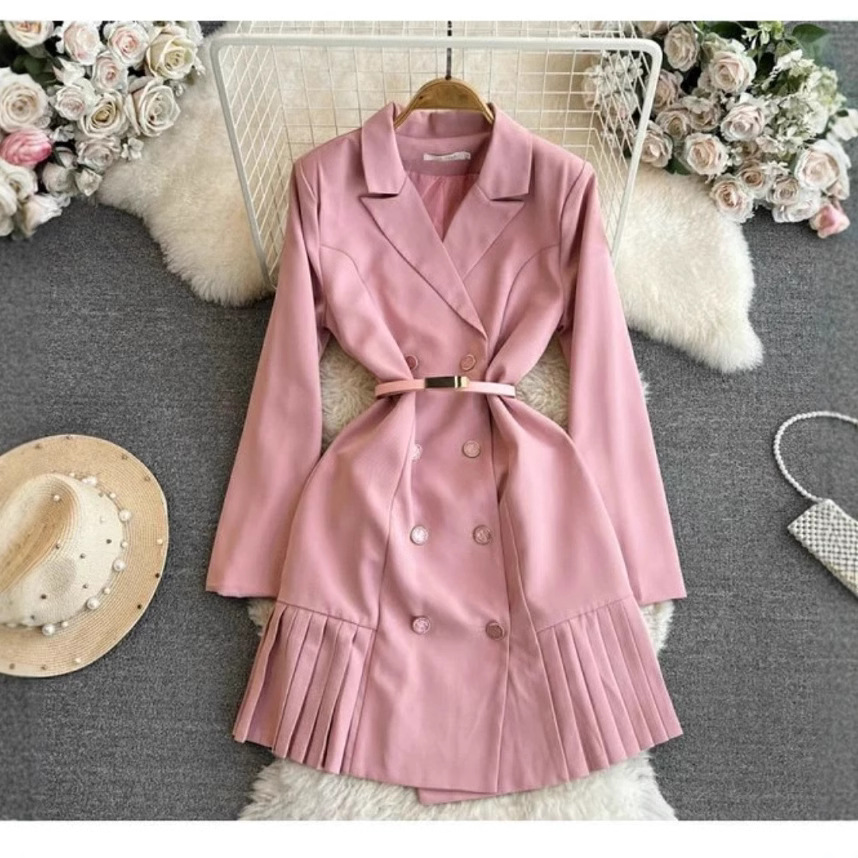 OL professional French high-end style socialite temperament suit collar, waist cinching, slimming double breasted A-line jacket dress for women