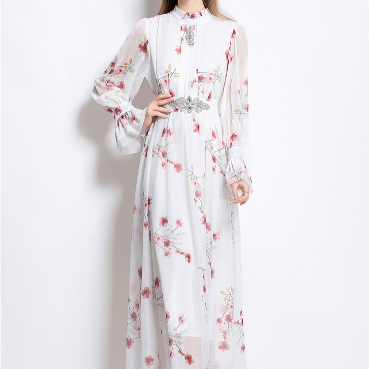 French style high-end diamond studded stand up collar flared sleeve dress for women in summer, with a heavy waist belt and a slimming floral long skirt
