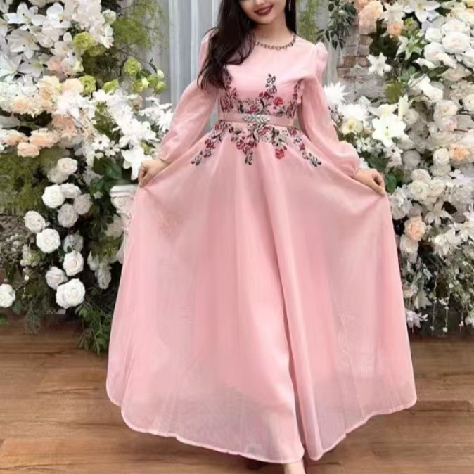 Heavy industry embroidery mesh nail bead long sleeved dress for women's autumn new style, high-end and elegant socialite style fairy skirt long skirt