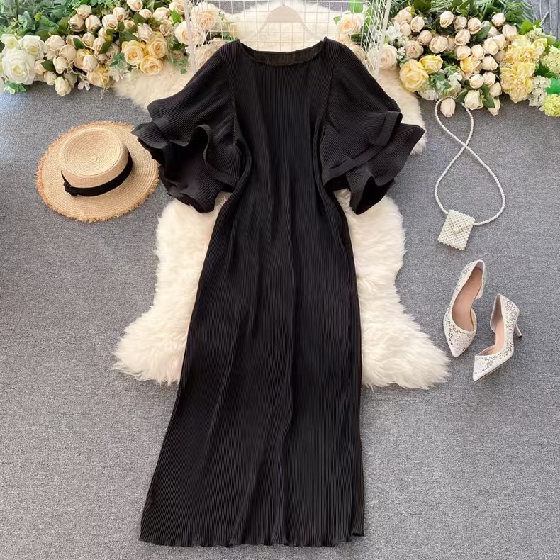 French Campanula Fairy Super Immortal Forest Series Ruffle Edge Big Horn Sleeve Hundred Fold Dress, Draping Floor, Dazzling Style Long Dress
