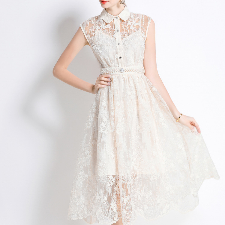 French summer new style, light luxury temperament, high-end feel, mesh embroidery dress, long length, waist cinching, slimming effect, inner strap