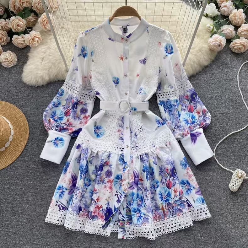 Real time shooting of early autumn new women's clothing with hollowed out retro print stand up collar, single breasted long sleeved with belt, A-line skirt dress