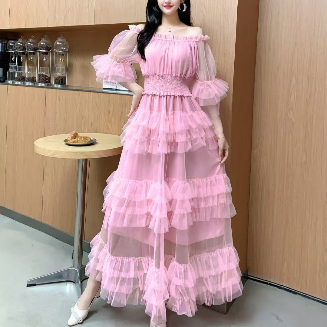 High end super fairy one shoulder off the shoulder waist slimming A-line ruffled cake mesh dress elegant long skirt