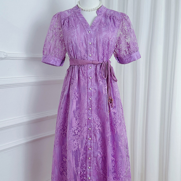 French high-end temperament dress 2025 summer fashion strap waist cinching single breasted embroidered mesh long skirt for children
