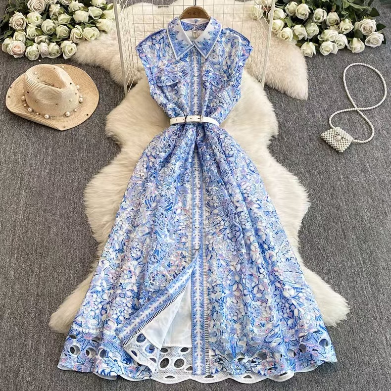 Light luxury French socialite style sleeveless printed dress, women's Polo collar hook flower hollow design, ladylike temperament long skirt