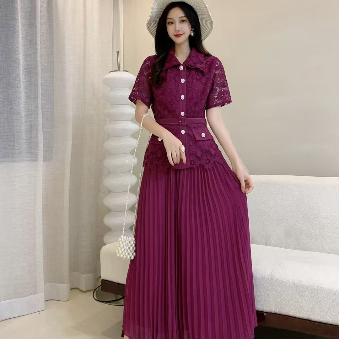 Advanced French style set for women's fashion, featuring a collared short sleeved waist cinched top and a high waisted pleated skirt, two piece trendy outfit
