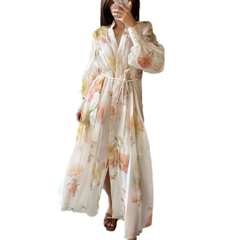 2025 Summer New French Style Printed Shirt Dress for Women, with a cinched waist that looks slim and over the knees, A-line Medium length Skirt
