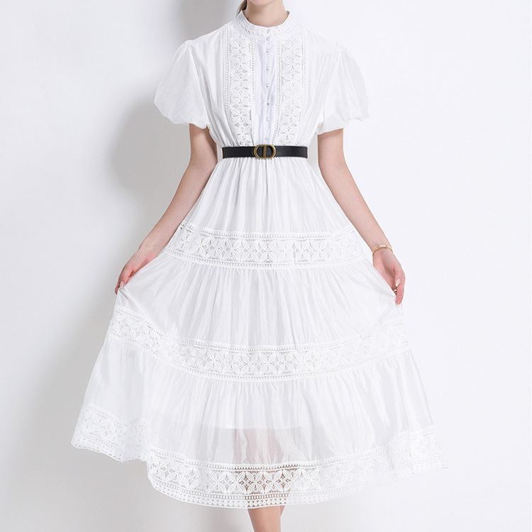 2025 Summer New Round Neck Ladies' Single breasted Bubble Sleeve Retro Lace Hollow Long Dress with Belt