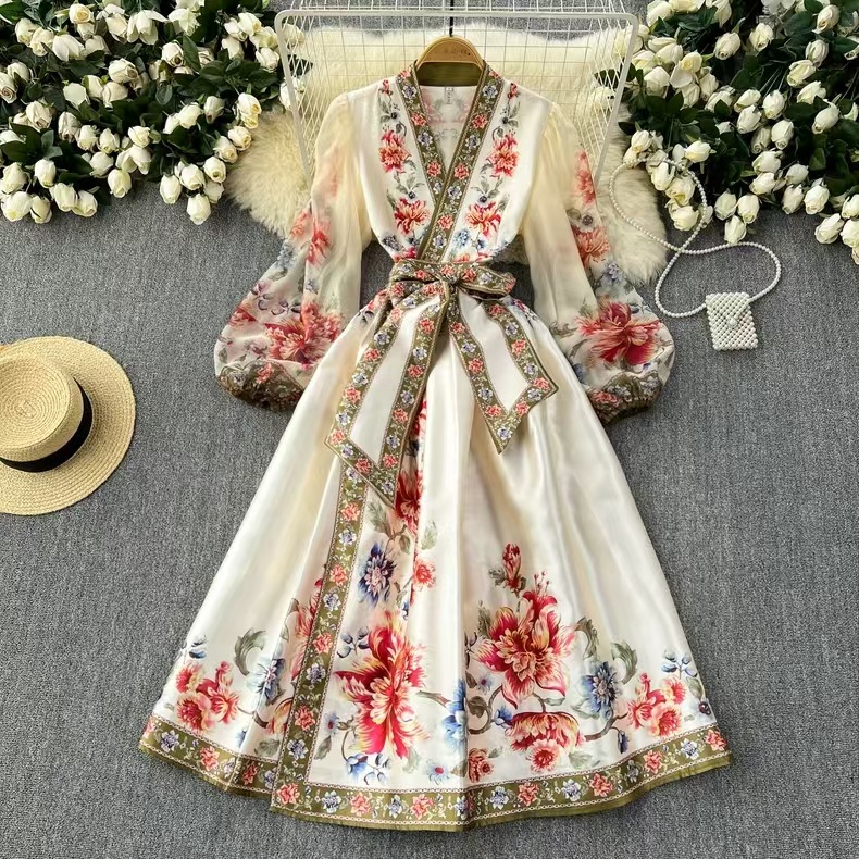 Palace style retro printed temperament dress, women's long sleeved lace up waist slimming V-neck big swing dress, long skirt