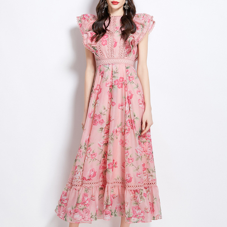 French elegant dress 2025 new retro lace patchwork waist cinching temperament printed ruffle edge long skirt for children