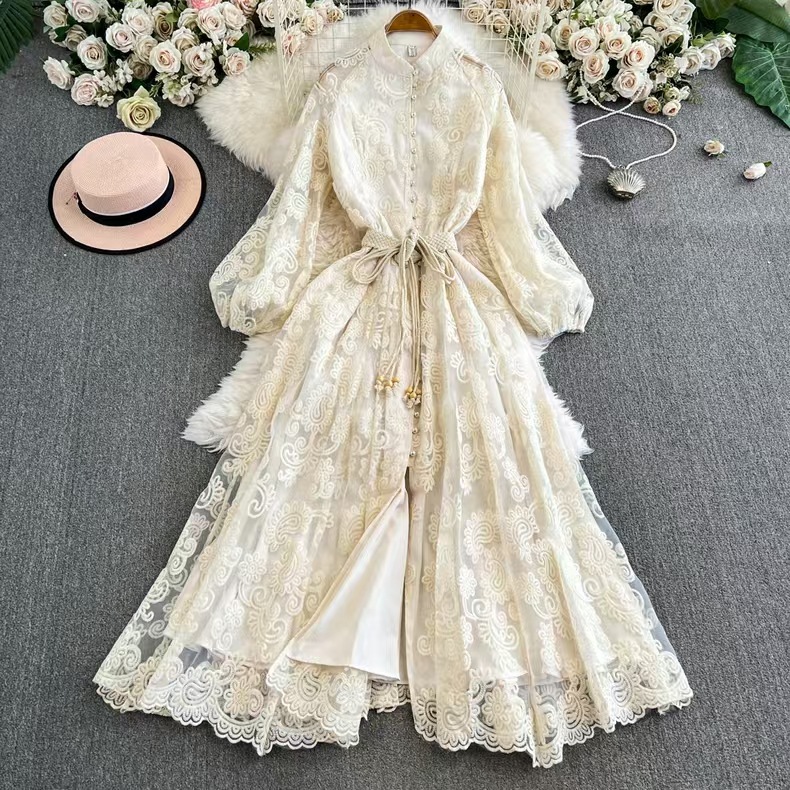 European and American style elegant stand up collar single breasted heavy industry hook flower embroidery lantern sleeve lace up waist large swing long dress
