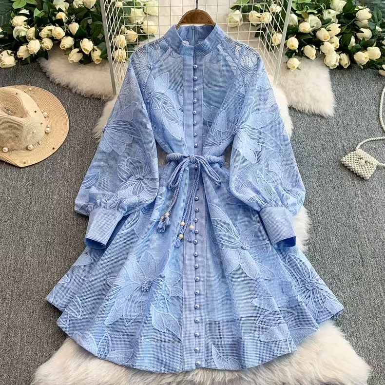 French high-end elegant women's dress with court style straps, waist cinching, hollowed out embroidery, single breasted A-line skirt