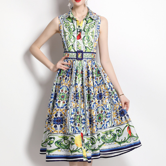 Summer new palace style sleeveless lapel with cinched waist for slimming, sweet and stylish European and American printed medium length dress for women